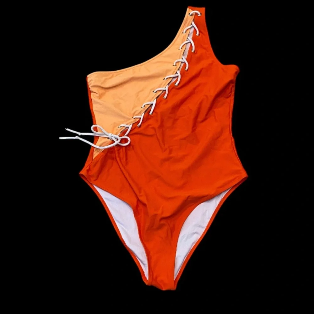 Colorblock One Shoulder Lace Up One Piece Monokini Swimsuit Size L